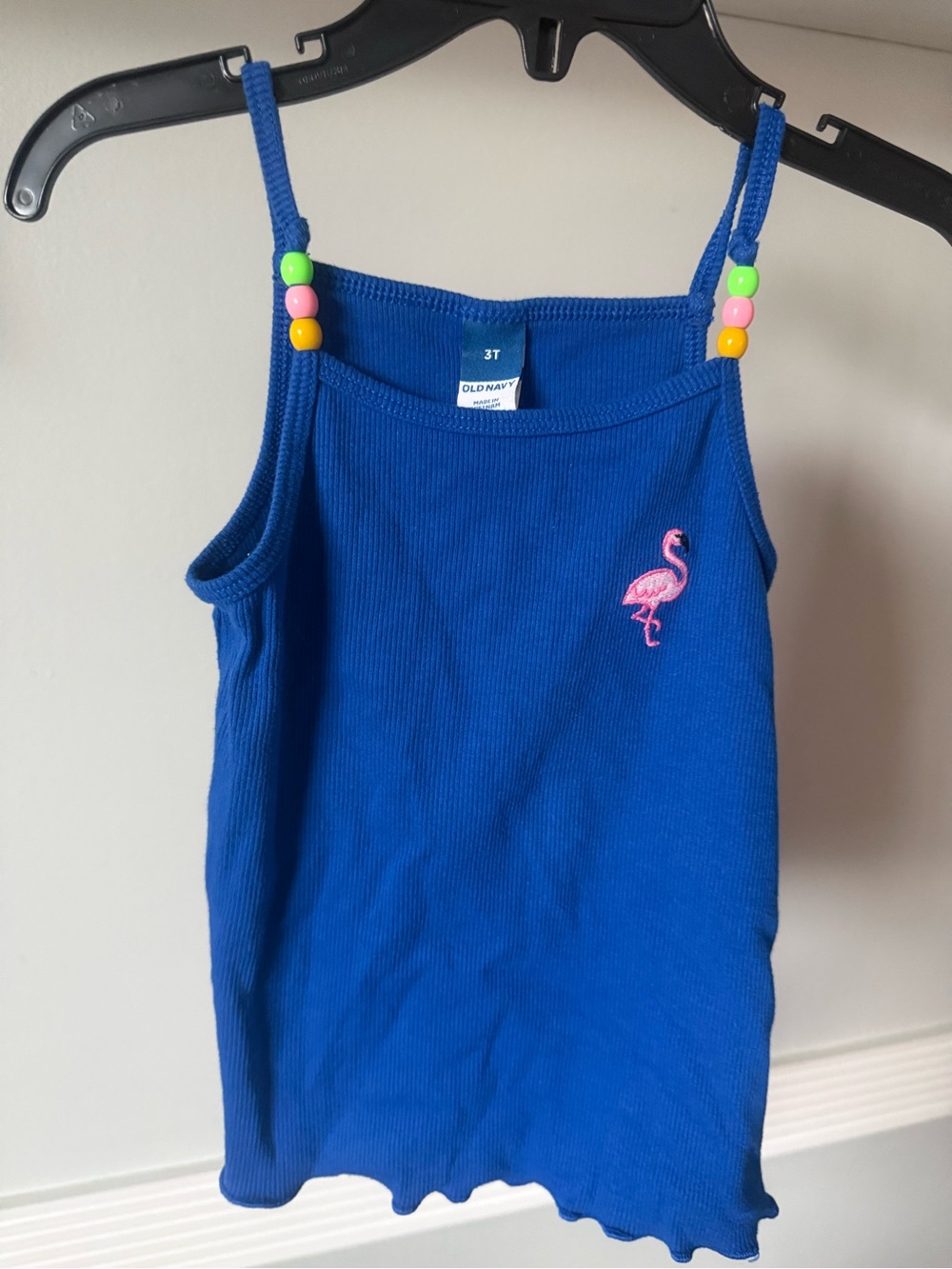 Old Navy Royal Blue Ribbed Tank with Pink Flamingo & Beaded Straps